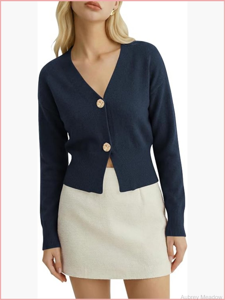 Cropped V-Neck Cardigan Lightweight Fitted Knit Sweater Office Casual